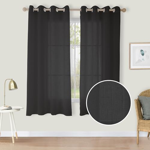 CUCRAF Leinen Voile Vorhänge mit Ösen Lichtfilterung Gardine für Schlafzimmer Wohnzimmer, Schwarz, H145 x B140cm 2er Set