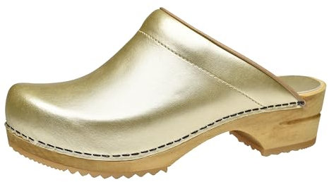 Sanita Lotte offener Clog | Original handgemacht | Leder-Holzclogs für Damen | Nachhaltige Sohle | Gold | 39 EU