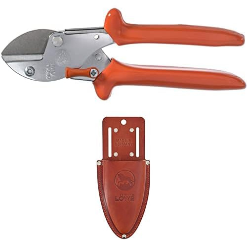 Original LÖWE Set bestehend aus Amboss Gartenschere 5.104 zum Schneiden von Obstbaum, Apfelbaum, Kirchbaum & Leder Premium Holster 9809 mit Gürtel-Clip zur Aufbewahrung am Gürtel oder Hosentasche