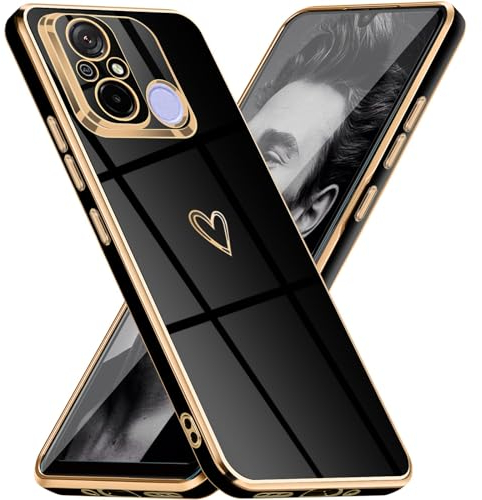 Mkej Glitzernde Handyhülle Für Xiaomi Redmi 12C Hülle mit Kameraobjektivschutz, Herz Love Design Galvanik Stoßfeste Dünne TPU Silikon Schutzhülle für Xiaomi Redmi 12C, Schwarz Gold