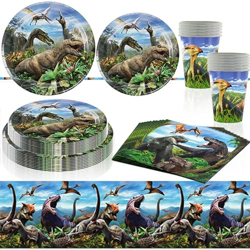 Dinosaurios Vajilla,Juego de Cubiertos Dinosaurio,51 Piezas de Platos Cumpleaños Dinosaurio,Platos y Servilletas de Dinosaurios,etc,para 10 Personas, Fiestas de Cumpleaños