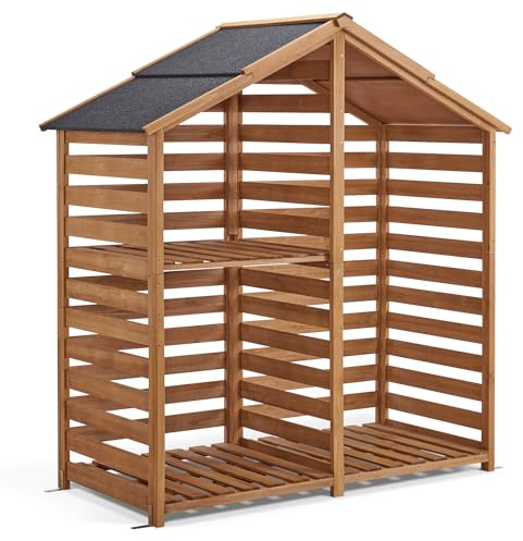M MCombo Holzregal Außen, Kaminzubehör Kaminholzregal mit 2 Ebenen, Brennholzregal mit Wasserdichter Abdeckung, 85 x 175.5 x 184.5 CM, 1213 (Natur)