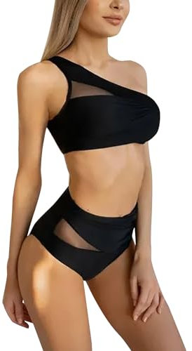 Maillot De Bain Femme 2 Pieces Maillot De Bain Gainant Sexy Taille Haute Maillot De Bain Femme Enceinte Pieces Une Épaule Culotte Taille Haute Maillot Bain (Noir, L)