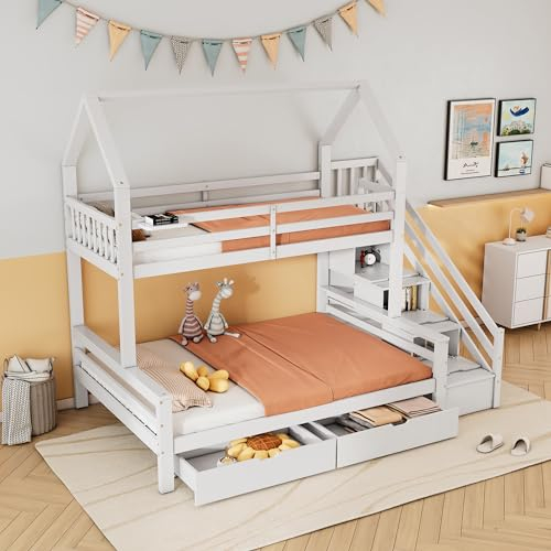 Becag Etagenbett Kinderbett 90x200 & 140x200 cm, Hausbett Hochbett mit Stauraum, 2 Schubladen & Treppe Staufach, Holzbett Bettgestell mit Rausfallschutz und Lattenrost, Jugendbett, Ohne Matratze, Weiß