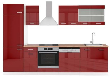 Vicco Küchenzeile R-Line, Rot Hochglanz/Weiß, 300 cm | 8 Module · Höhenverstellbare Füße · Arbeitsplatte Eiche · Robuste Fronten · Mit Kühlschrankumbauschrank · Frei kombinierbar
