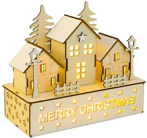 ZALAON Wood Christmas Light Up House Decoration,Table Lighted Wooden House Decoration For Party Favors Home