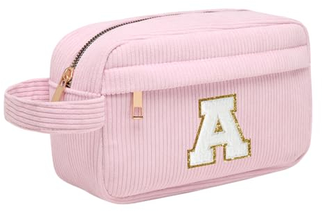 Personalisierte Initialen Make-up-Tasche, Cord-Kosmetiktasche Reise Kulturbeutel mit MetallReißverschluss Tragbare Schminktasche Damen, Weihnachts Geburtstagsgeschenk für Frau Mädchen Rosa A