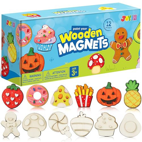 JOYIN 12PCS Wooden Magnets,Arts and Crafts for Kids Age 3+ Years Old,Painting Kit,Fridge Magnets Craft Kits for Boys Girls,Creative Gifts for Birthday,Easter Crafts,Wooden Crafts for Children(Food)