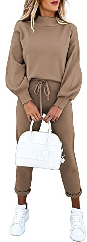 Sovoyontee Damen Langarm Trainingsanzug Pyjamas Hoher Hals Pullover Sweatshirt Lounge 2-Teiliges Outfits Set Kaffee L
