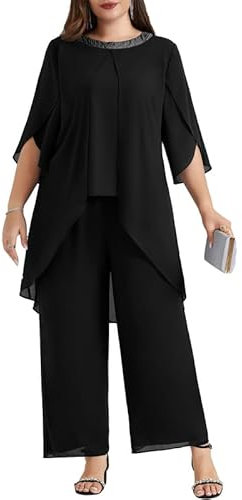 Hanna Nikole Festival Outfit Damen GroßE GrößEn Abendanzug Chiffon Hosenanzug Elegant Zweiteiler Hochzeitsgast Festmode Cocktail Abendmode Pailletten Rundhals-Tops Und Hoch Taillierter Party Outfit