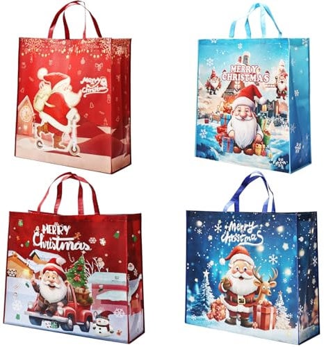 Jumbo-Geschenktüten für Weihnachten: Weihnachts-Tragetaschen aus Vliesstoff mit Griff, 4 Stück, 60 x 55 x 20 cm, rot-blau, Einkaufstaschen mit festlichem Design für große Geschenke