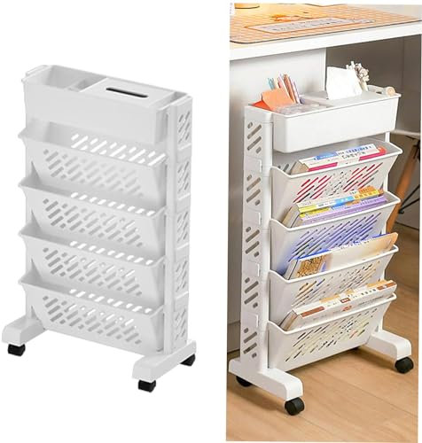Chariot utilitaire multifonction avec étagères de rangement réglables et porte-livres Design durable avec roulettes EasytoMove Solution de rangement à 5 niveaux