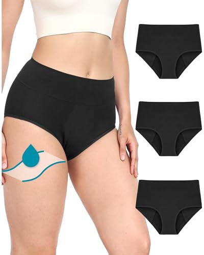 Neione Periodenunterschwäsche Starke Blutung 50ML mit Seitenschutz Damen Baumwolle Slip Hohe Taille Menstruationsunterwäsche Große Größen 3er Pack Schwarz 3XL