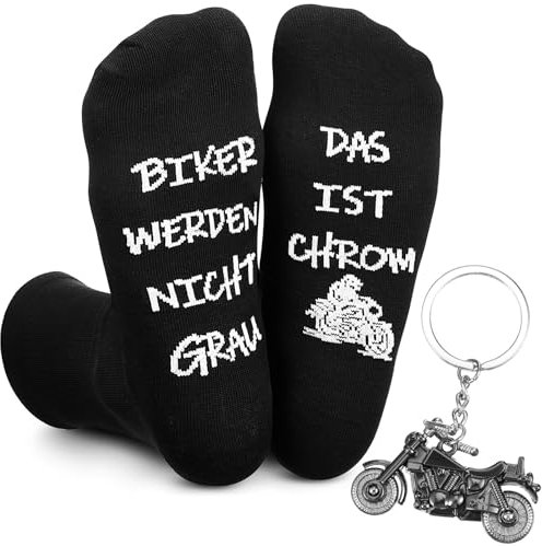 Geyoga 2 Stück Motorradgeschenke für Männer Beinhaltet 1 Lustig Socken und 1 Motorrad Schlüsselanhänger für Weihnachten Geburtstag Glücksbringer für Freund Partner Papa