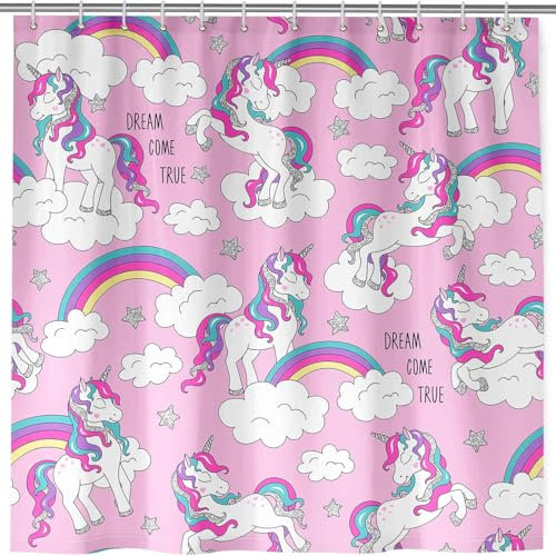 ANHOPE Rideau de Douche Rainbow Licorne Nuage Imperméable Anti Moisissure Lavable Tissu Polyester Rideaux de Douche avec 12 Crochets pour Salle de Bain Baignoire 180 x 200 cm