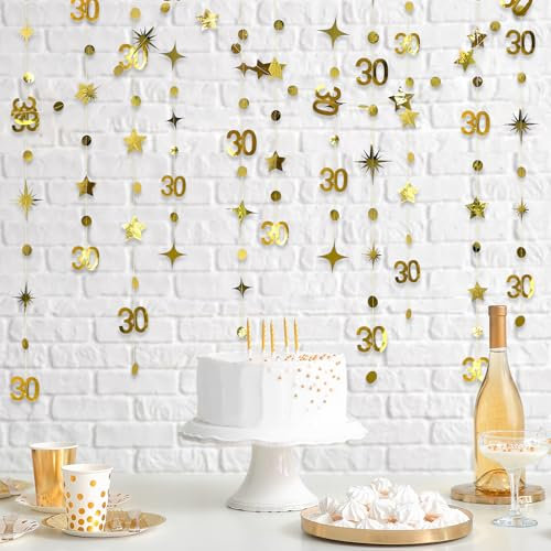 Goldene Dekoration zum 30. Geburtstag, Zahl 30, Kreis, Punkte, Funkelnde Sterngirlande, metallische Luftschlangen zum Aufhängen, Wimpelkette, Banner, Hintergrund für Geburtstag, Partyzubehör zum 30