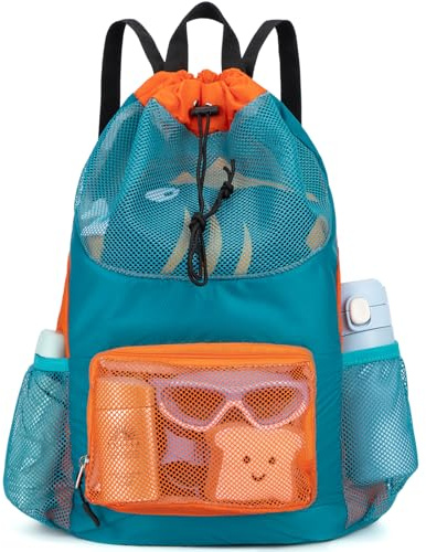 Veious Swim Bag for Kids Mesh Beach Backpack for Boys Lightweight Drawstring Beach Bag Swimming Pool Sports Gym String Bag (Green)