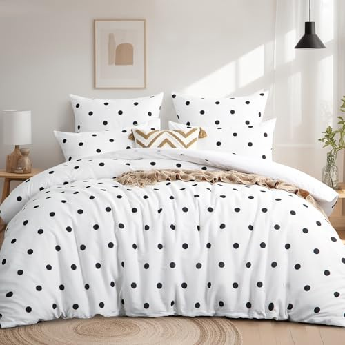 Tifschlaf Parure de lit 220x240 3 pièces, Housse de couette 240x220 avec 2 taies d'oreiller 80x80 cm, Ensemble de literie en microfibre OEKO-TEX motifs à pois blancs, Housse de couette sans repassage