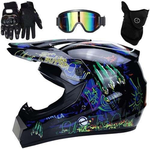 Adulti Integrale Fuori Casco da Motocross, con Guanti Maschera Occhiali, Unisex Strada ATV Casco da Moto, Discesa Dirt Bike MX Quad Bici Enduro Schianto Casco(Black,L(56~57cm))