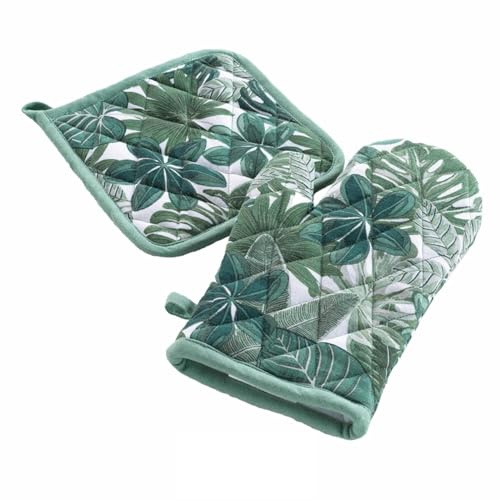 MACOSA U1731372 Backhandschuh & Topflappen Dschungel Grün Weiß rutschfest hitzebeständig Backofenhandschuh Küchenhelfer Topfhalter Küchenutensil Handschuh Küche