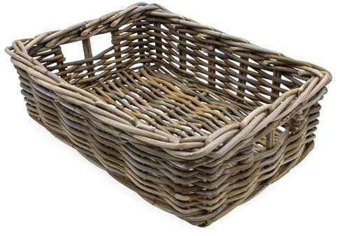 Rattan Aufbewahrungkorb rechteckig shabby grau - 45 x 36 cm - Regalkorb aus Weide geflochten mit Griffen - Holzkorb Weidekorb Rattankorb Holz Deko Korb Bad Regal Schrank Organizer