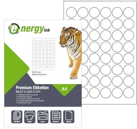 energy ink Runde Etiketten Ø 30 mm –100 Blatt = 4800 Etiketten - selbstklebende Etiketten auf Din A4