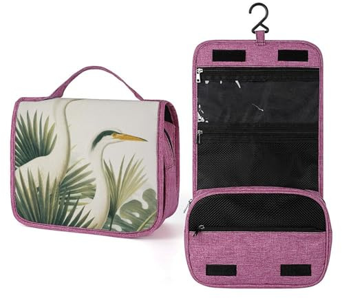 Trousse de toilette de voyage minimaliste avec deux hérons et feuilles de palmier pour femme, organiseur de maquillage à suspendre avec crochet pour shampooing