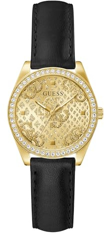 Guess Women's BOA Watch with Cubic Zirconia, Black Leather Strap, Mineral Glass, Gold Dial, 3 Bar, Case Diameter: 32 mm, GW0989L2