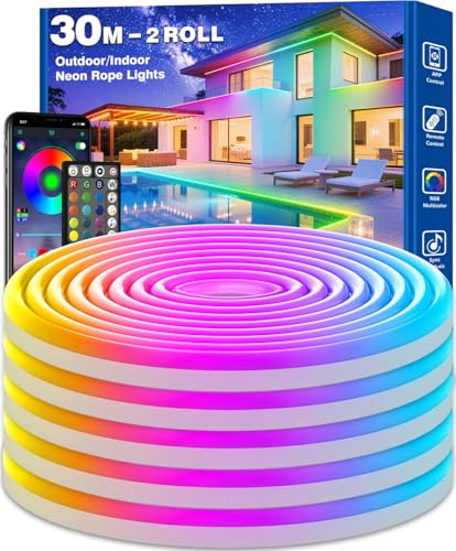 AHRLHR 30M Waterproof Neon Rope Lights IP68, LED Strip Light for Outdoor Indoor, Flexible RGB Neon Strip Lights Controlled by APP & Remote, Music Sync Gaming Strip for Game Room or Around Pool