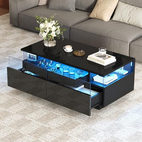 Merax Couchtisch Schwarz Hochglanz mit LED, Sofatisch Wohnzimmer mit 2 Schubladen, herausnehmbarem Tablett, gehärtetem Glas, Beistelltisch Kaffeetisch mit Stauraum,90x45x35,5 cm
