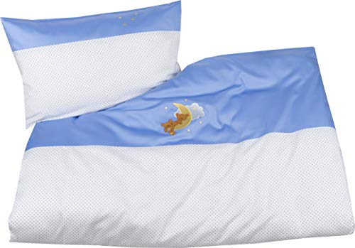 Mako Satin Kinder Bettwäsche Mond Bär 100x135 + 40x60 cm Blau, 100% Baumwolle mit Bärchen Stickerei für Jungen