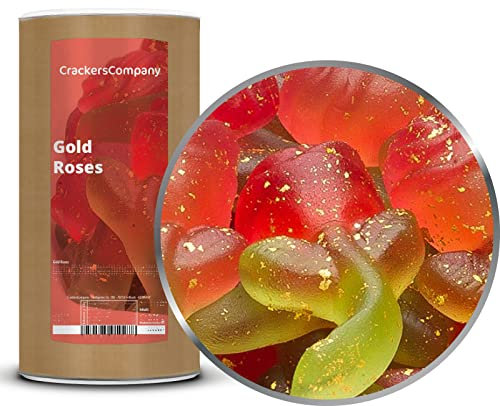 1 x 1050g Fruchtsaftgummi Rosen mit 24 Karat Echtgold Gummibonbon rote Rosen mit grünem Stiel ideal als Geschenk glutenfrei laktosefrei