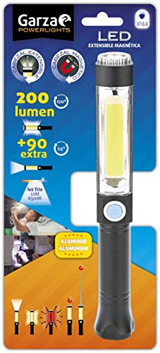 PowerLights Garza Linterna led de aluminio con punta magnética imantada extensible y flexible y luz fría 6500K en lateral 200LM y frontal 90LM. IP44 (Punta Imantada Extensible)