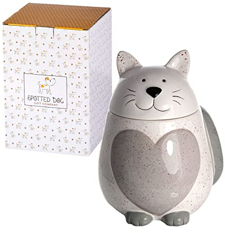 SPOTTED DOG GIFT COMPANY - Keramik-Vorratsdose in Katzen-Form - mit Deckel und Herz-Motiv - luftdichter Aufbewahrungsbehälter für die Küche - Geschenk für Katzenliebhaber und Katzenfreunde - Weiß