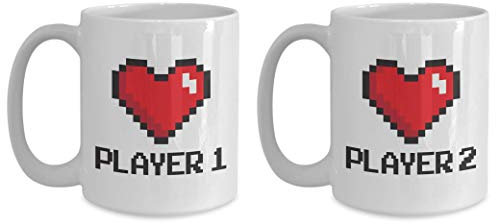 Gamer Couple Coffee Mug - Player 1 Player 2 - Arcade RPG MMORPG Online Anime Otaku Lover Adventure Wedding Anniversary Present Funny Consol Game