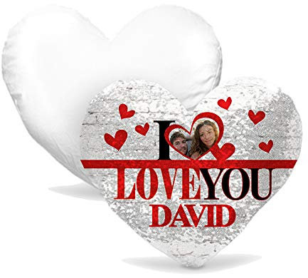 gadgeteventi Cuscino Paillette a Forma di Cuore Innamorati San Valentino Personalizzato “I Love You Murales con Nome e Foto” (Rosso)