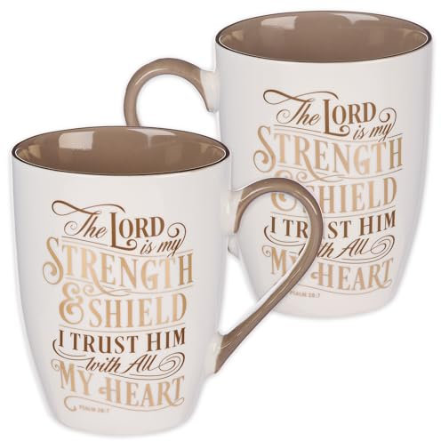 Christian Art Gifts Caramel Brown Ceramic Coffee Mug – 12 oz. Lead and Cadmium-free Inspirational Scripture Coffee and Tea Mug for Men and Women with Bible Verse: The Lord is My Strength – Psalm 28:7