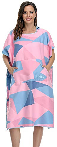FLYILY Wickelhandtuch, Poncho, mit Kapuze, leicht, Mikrofaser, Surf-Neoprenanzug, Wickeltuch mit Tasche, für Erwachsene/Kinder, Strand, Schwimmen, Wickeltuch (PinkGeometrie, Größe L (passend für