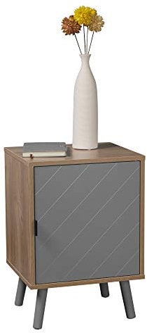 URBNLIVING Hanover 1 Door Modern Lined Wooden Bedroom Bedside Cabinet Nightstand Side Table (Oak/Grey)