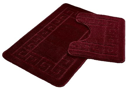 FAIRWAYUK Bathroom Mats Sets 2 Pieces, Ultra Plush Greek Pattern Bath Toilet Mat Anti Slip Pedestal Set, Extra Absorbent 100% Polypropylene Rug, Bathroom Accessory (Burgundy)