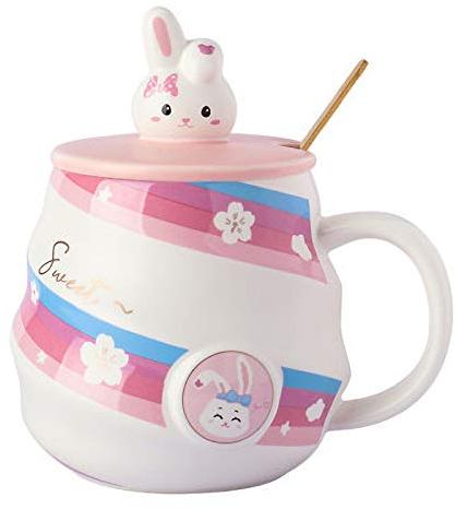 KEYIGOU Cute Coffee Mug Funny Rabbit Cups Ceramic Tea cup with Lid Kawaii Bunny Stuff Gifts for Kids Women Friends