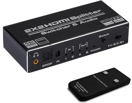 HDMI Switch 2x2, 2 Ports HDMI Switch Splitter 2 in 2 Out with IR Remote Control, Support HDMI 2.0, HDCP 2.2, Ultra HD, 4K x 2K@60Hz, 3D, 1080P (Dual Monitore Duplicate/Spiegel nur)
