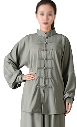 ZHOUXIAO Baumwollleinen Taichi Uniform Frau Stretch Martial Arts Anzug Kung Fu Kleidung Zen Meditation Kleidung Morning Übungen Kleidung Langarm Jacke Hemd Hosen Green-XS