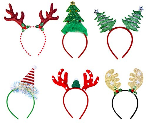 Hileyu Weihnachten Stirnband,6 Arten Rentiergeweih Spaß Weihnachtsbaum Weihnachtsmütze Kopfbedeckung für Kinder Erwachsene,Weihnachtsfeiertag liefert Zubehör Gefälligkeiten