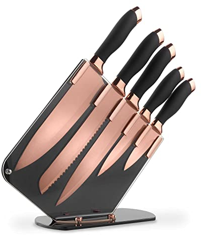 Lewis's Kitchen Knife Set with Acrylic Knife Block, Stainless Steel Blades, Rose Gold and Black, 5 Pieces