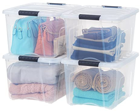 IRIS USA 40 QT Plastic Storage Box with Lid and Latches - 4 Pack - BPA-Free, See-Through Organizing Solution, Durable Nestable Stackable Containers, Secure Pull Handle - Clear