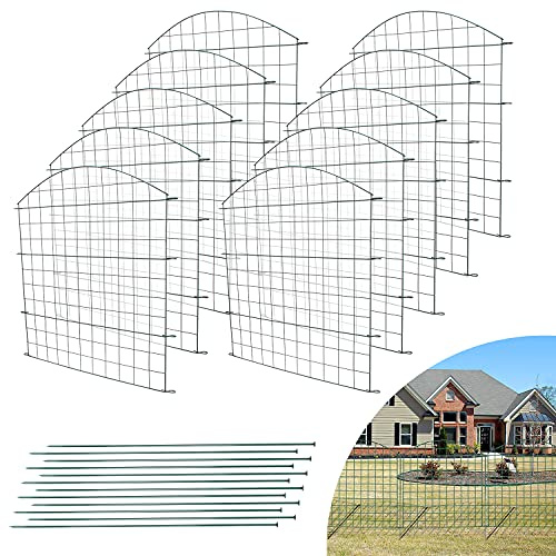 Jiubiaz Teichzaun Gartenzaun Set, Oberbogen Zaun Teich mit 10 Zaunelemente und 12 Befestigungsstäben, Metall Rostfrei, Welpenauslauf, Freigehege, Gitterzaun Grün