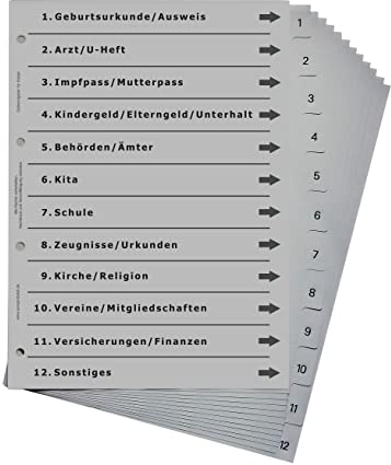 Ordnerregister für Kinder, durchdachtes Register für DIN A4 Ordner, Babyordner, Kinderordner für Mama, Papa, Eltern, lichtgrau