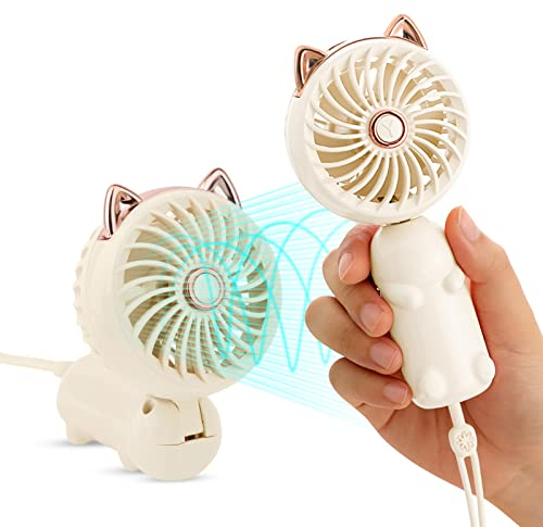 QearFun Handheld Lanyard Fan Portable, Mini Hand Held Fan with USB Rechargeable Battery, 3 Speed Strong Personal Table Fan, 8-12 Hours Small Makeup Fan for Girls Women Travel (Purple&Pink)