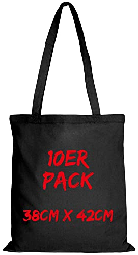 TEXXILLA Baumwolltasche - 10er Pack | Schwarz | mit Zwei Langen Henkeln | 38x42cm | Jutebeutel | Einkaufstasche | unbedruckt